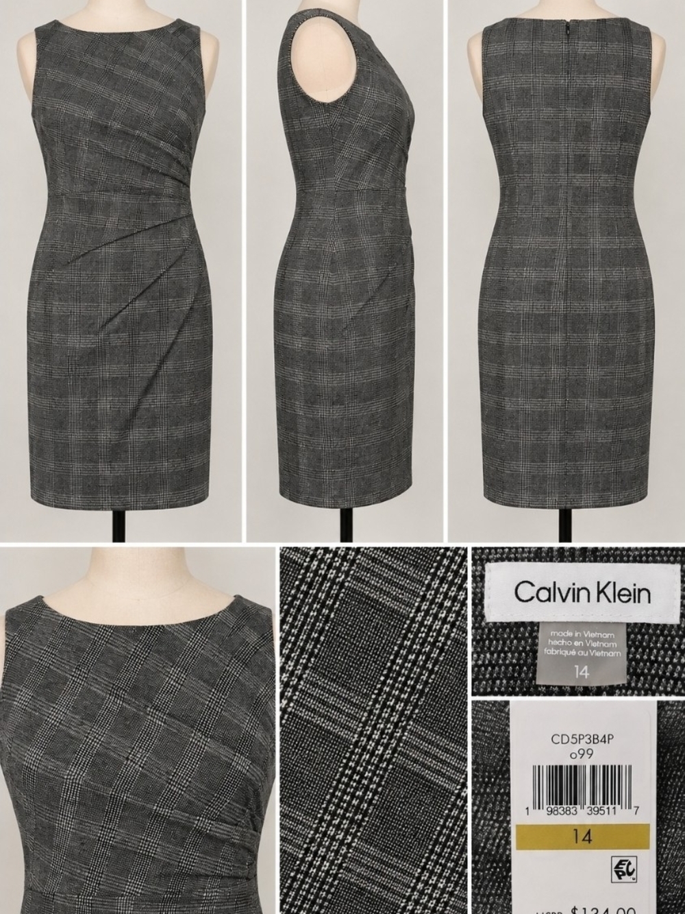NWT Calvin Klein Starburst Plaid Sheath Dress Gray Black Size 14